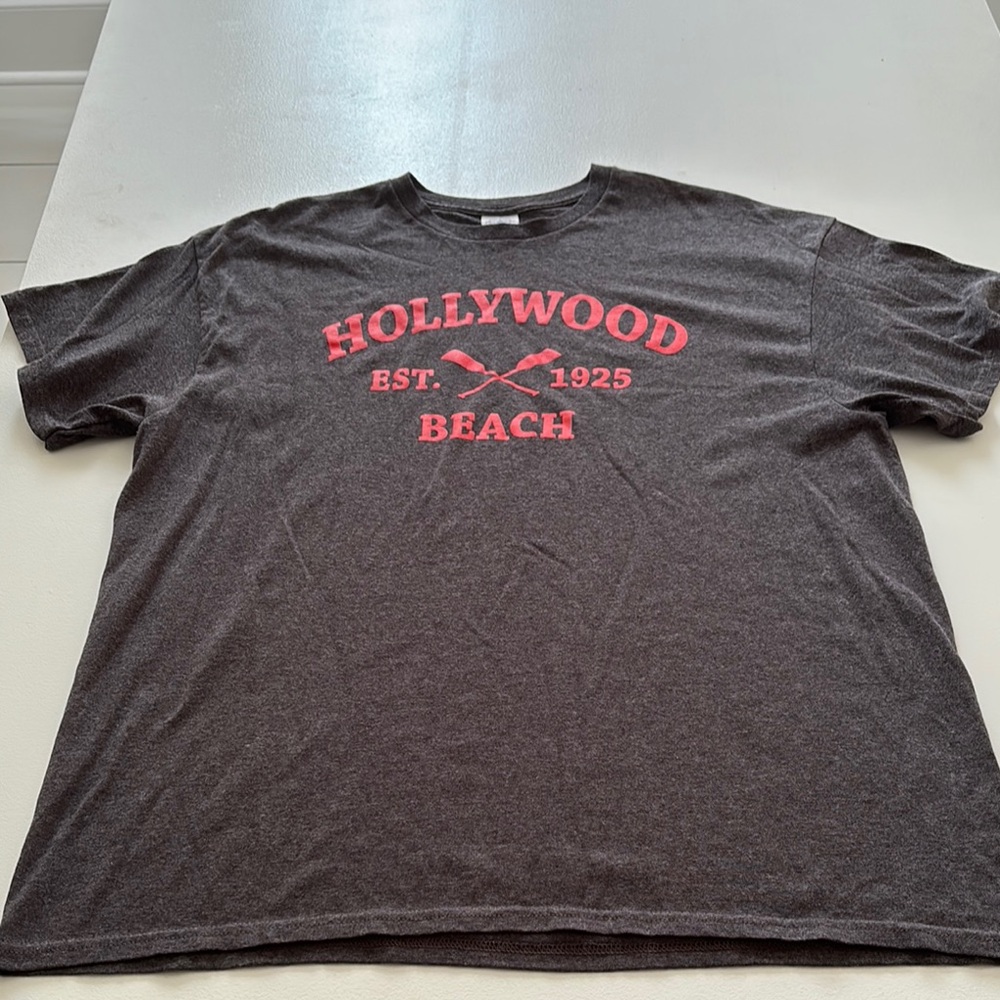 Gildan Charcoal T-Shirt with Red Hollywood Beach Print